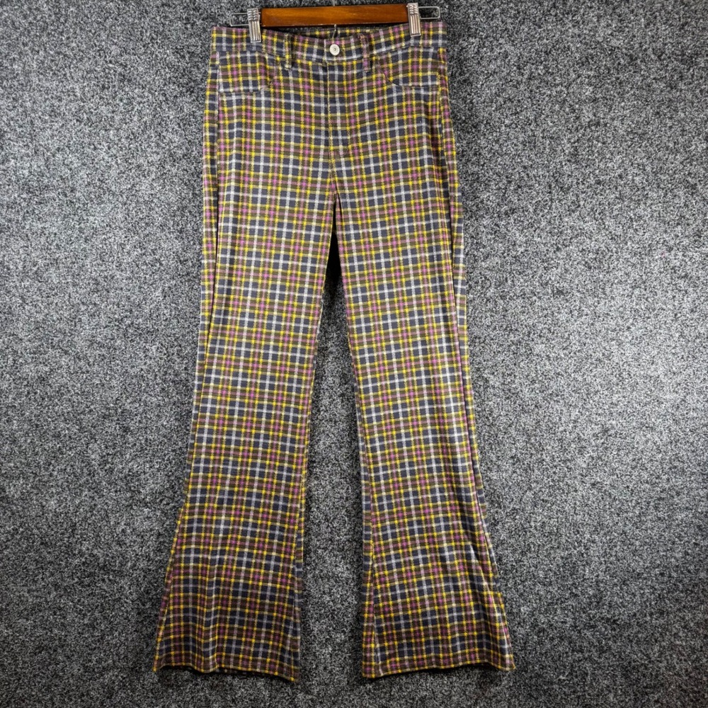 American Eagle Plaid Flare Pants Womens 6 Regular Purple Yellow Check Knit 70s
